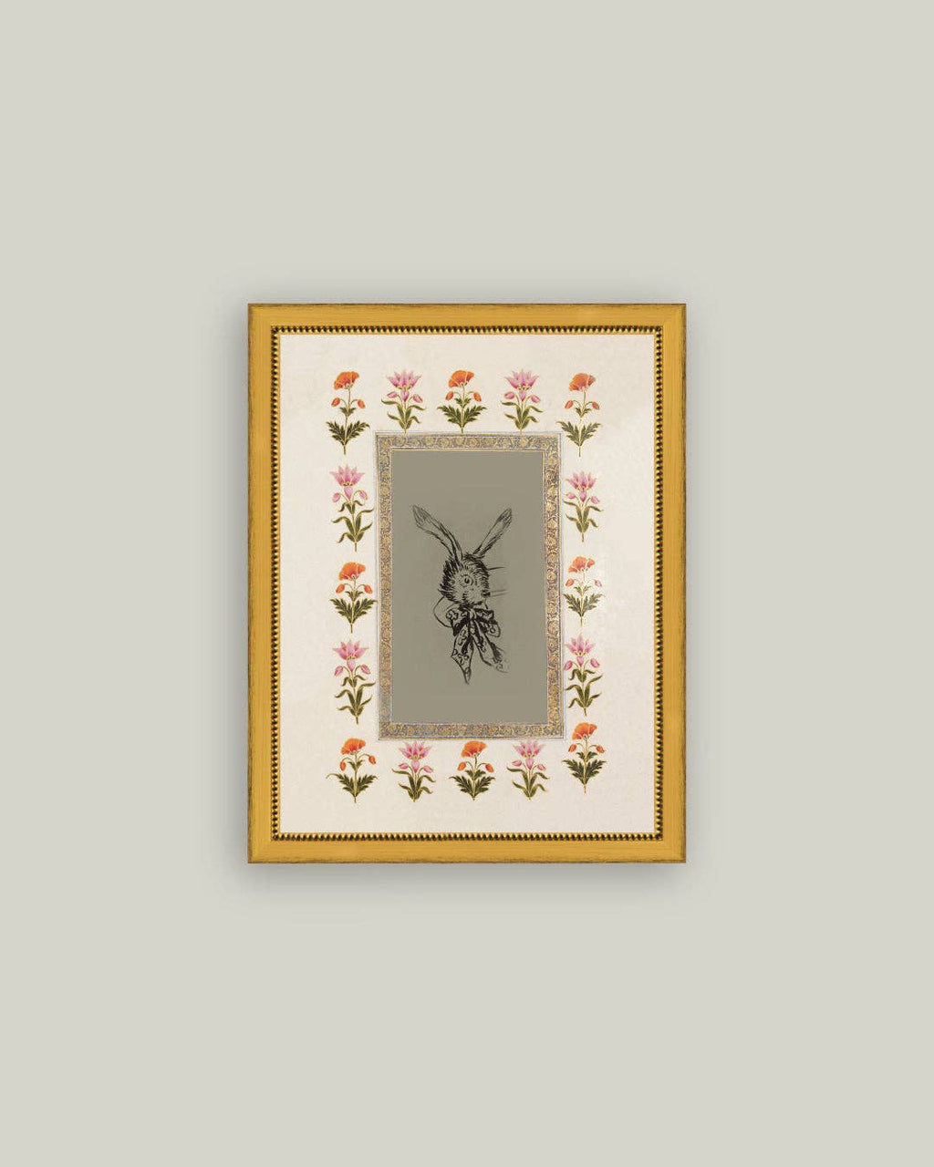 Rabbit with Floral Border Framed Antique Art