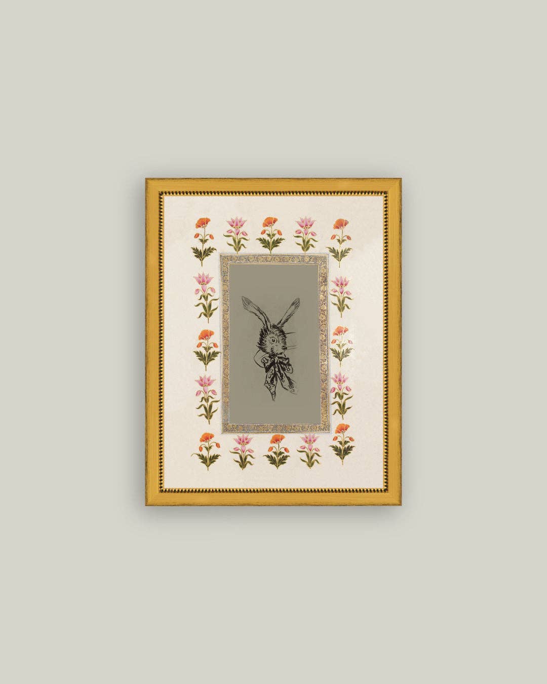 Rabbit with Floral Border Framed Antique Art