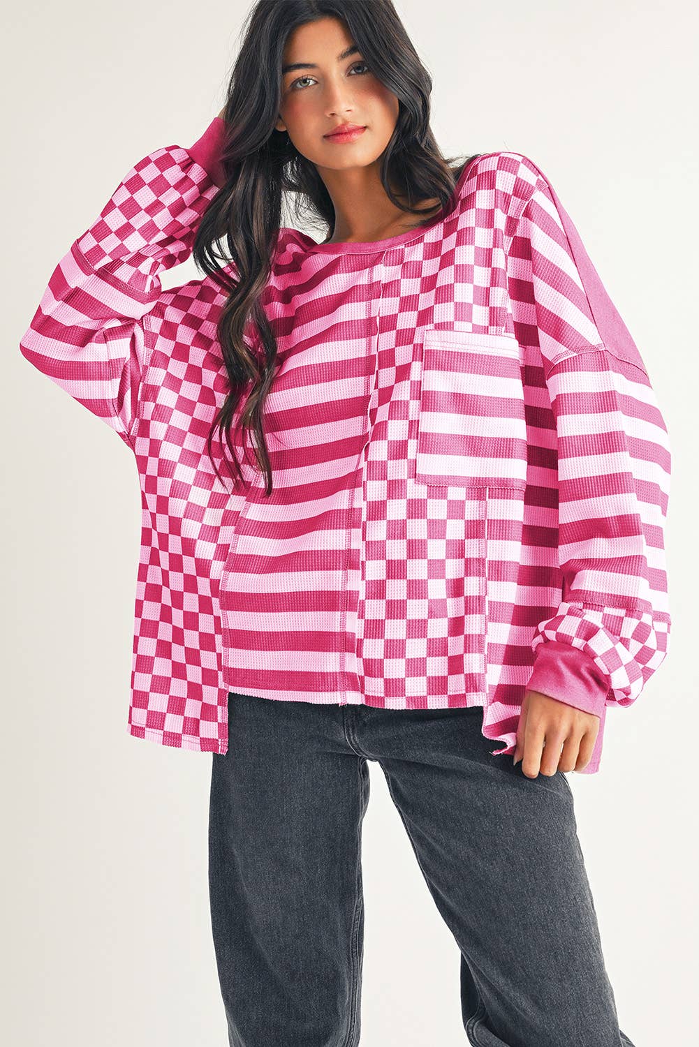 LDC Checkerboard Striped Patchwork Lantern Sleeve Blouse