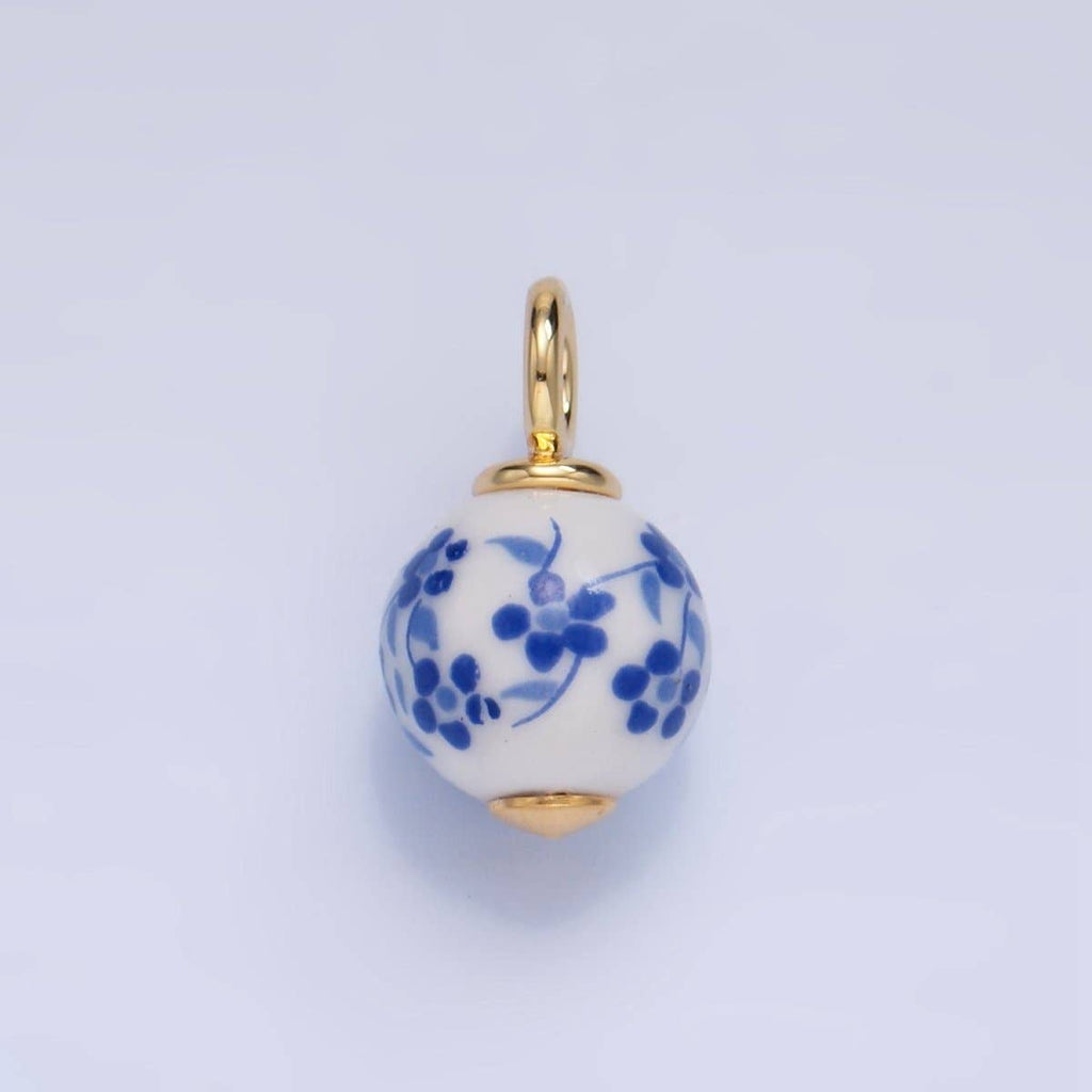 24K Gold Filled Blue, Red Flowers Ceramic Drop Charm | W123