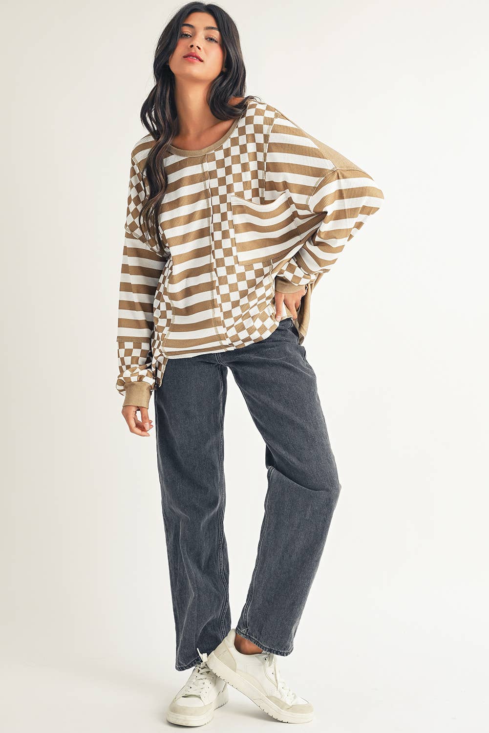 LDC Checkerboard Striped Patchwork Lantern Sleeve Blouse