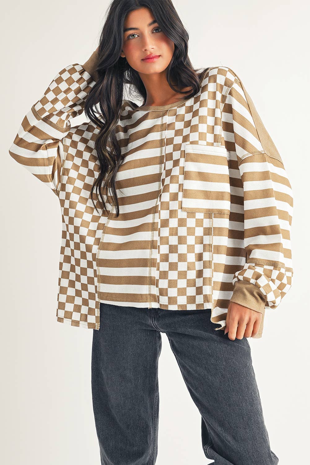 LDC Checkerboard Striped Patchwork Lantern Sleeve Blouse