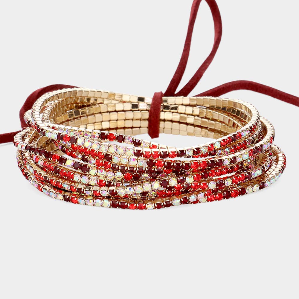 12PCS - Ribbon Colorful Rhinestone Layered Stretch Bracelets