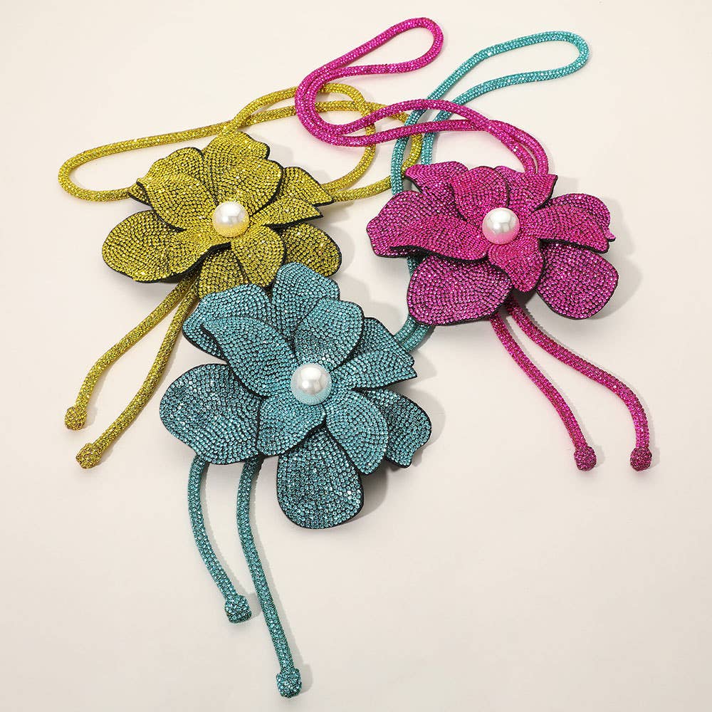 Pearl Centered Bling Studded Flower Pointed Bolo Tie Necklace