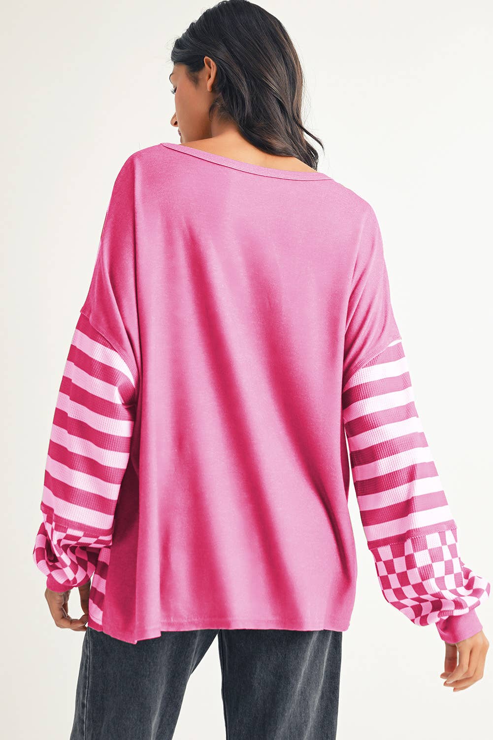 LDC Checkerboard Striped Patchwork Lantern Sleeve Blouse