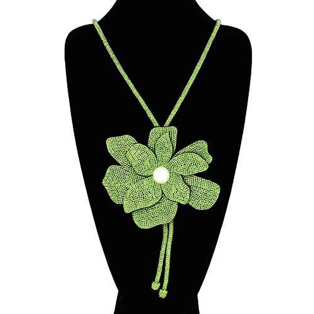 Pearl Centered Bling Studded Flower Pointed Bolo Tie Necklace