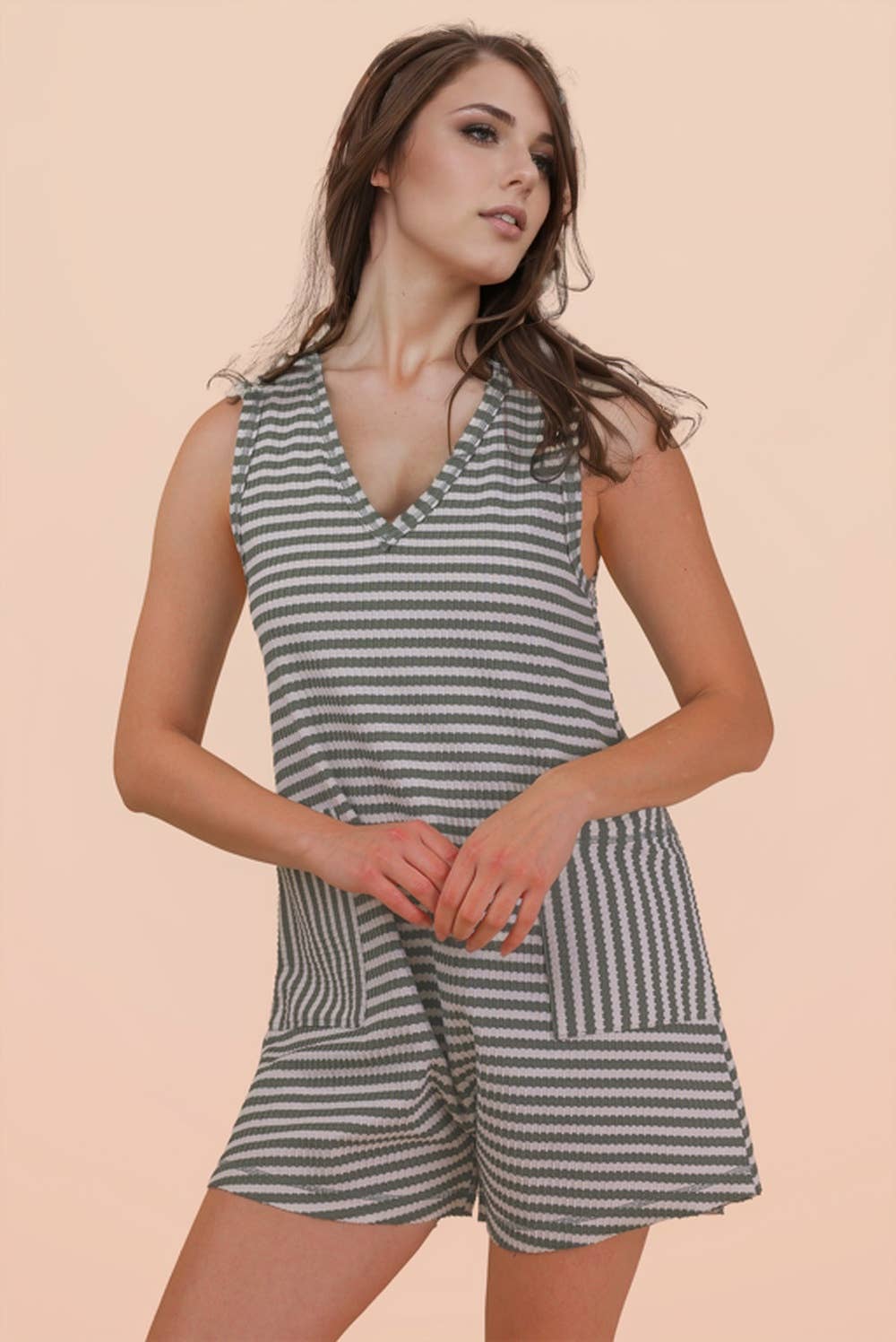 NP70744-Striped Knit Casual Comfy Romper