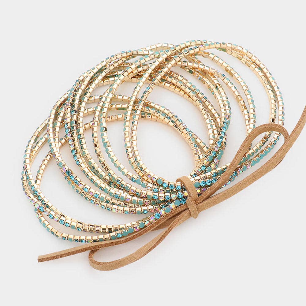 12PCS - Ribbon Colorful Rhinestone Layered Stretch Bracelets