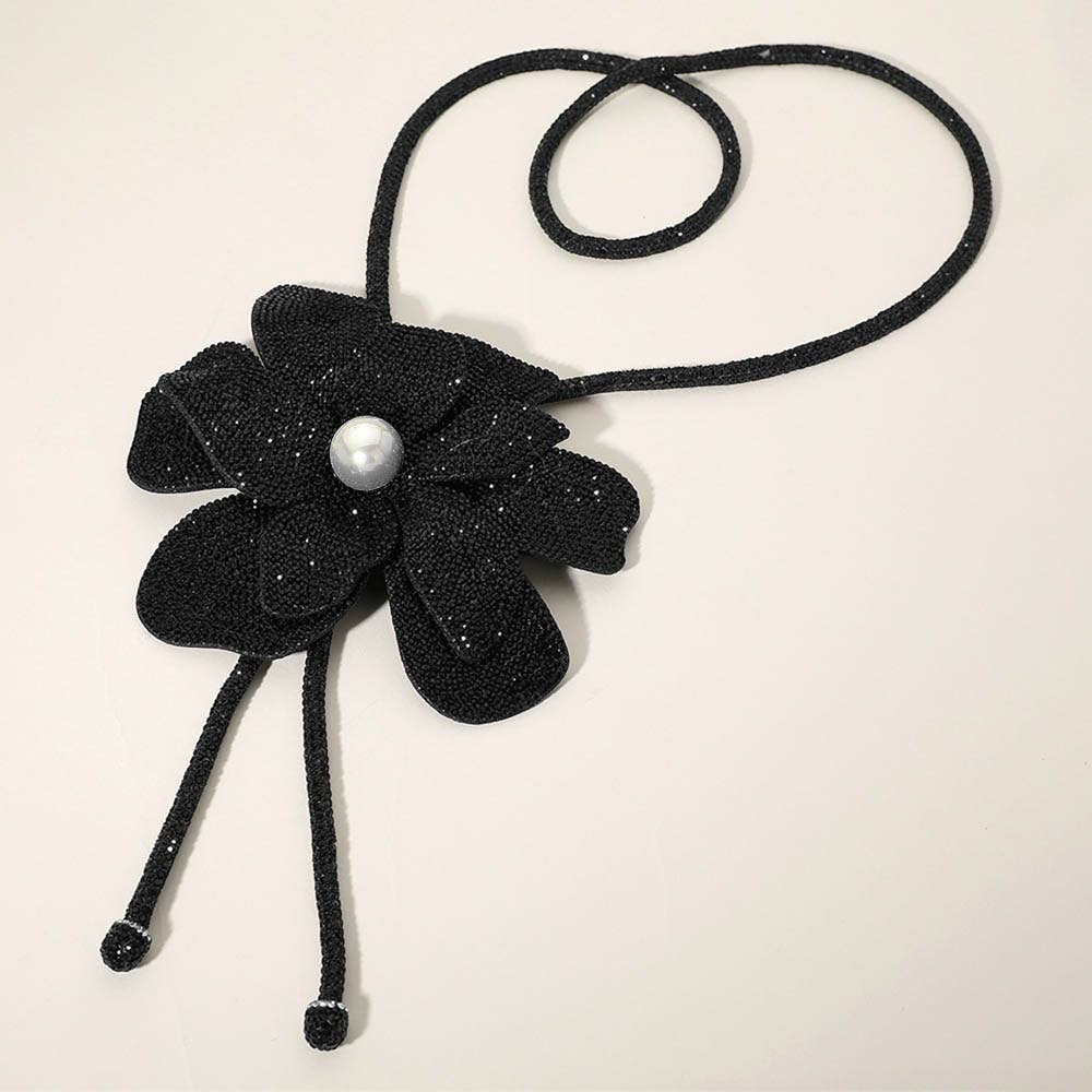 Pearl Centered Bling Studded Flower Pointed Bolo Tie Necklace