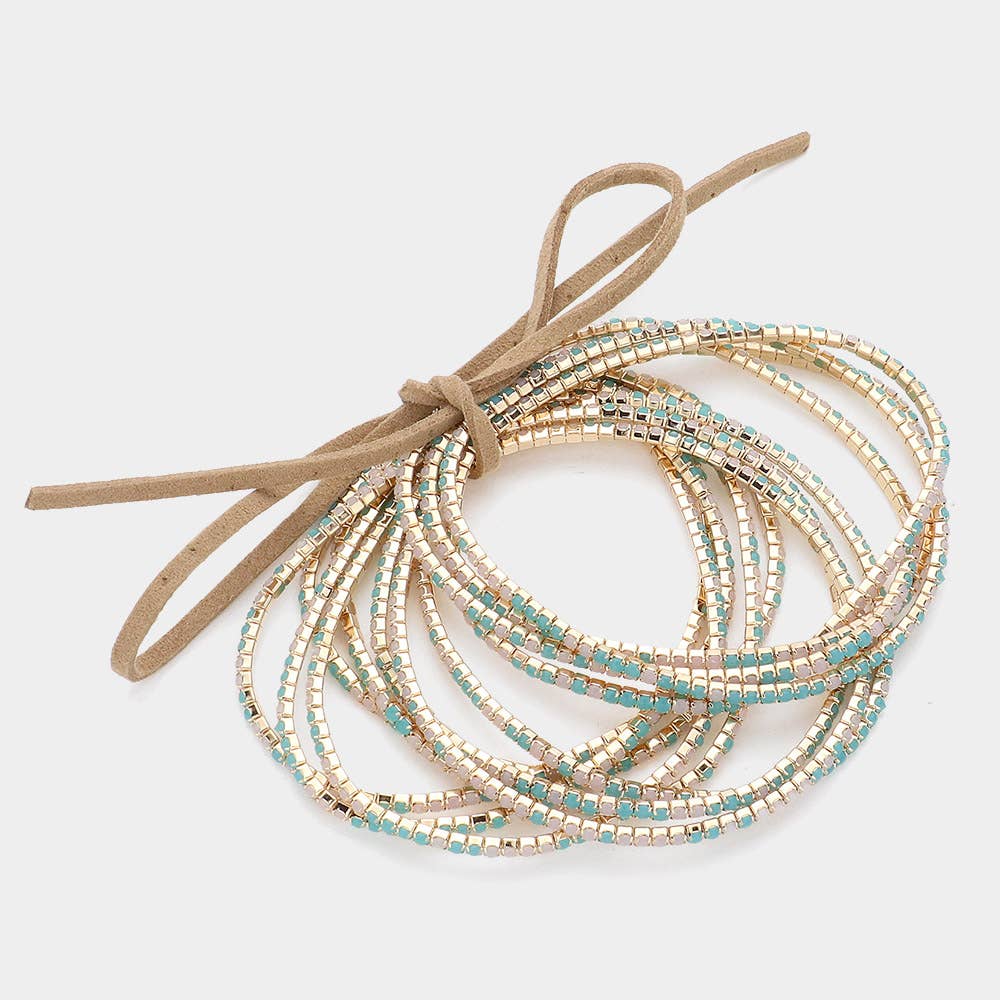 12PCS - Ribbon Colorful Rhinestone Layered Stretch Bracelets