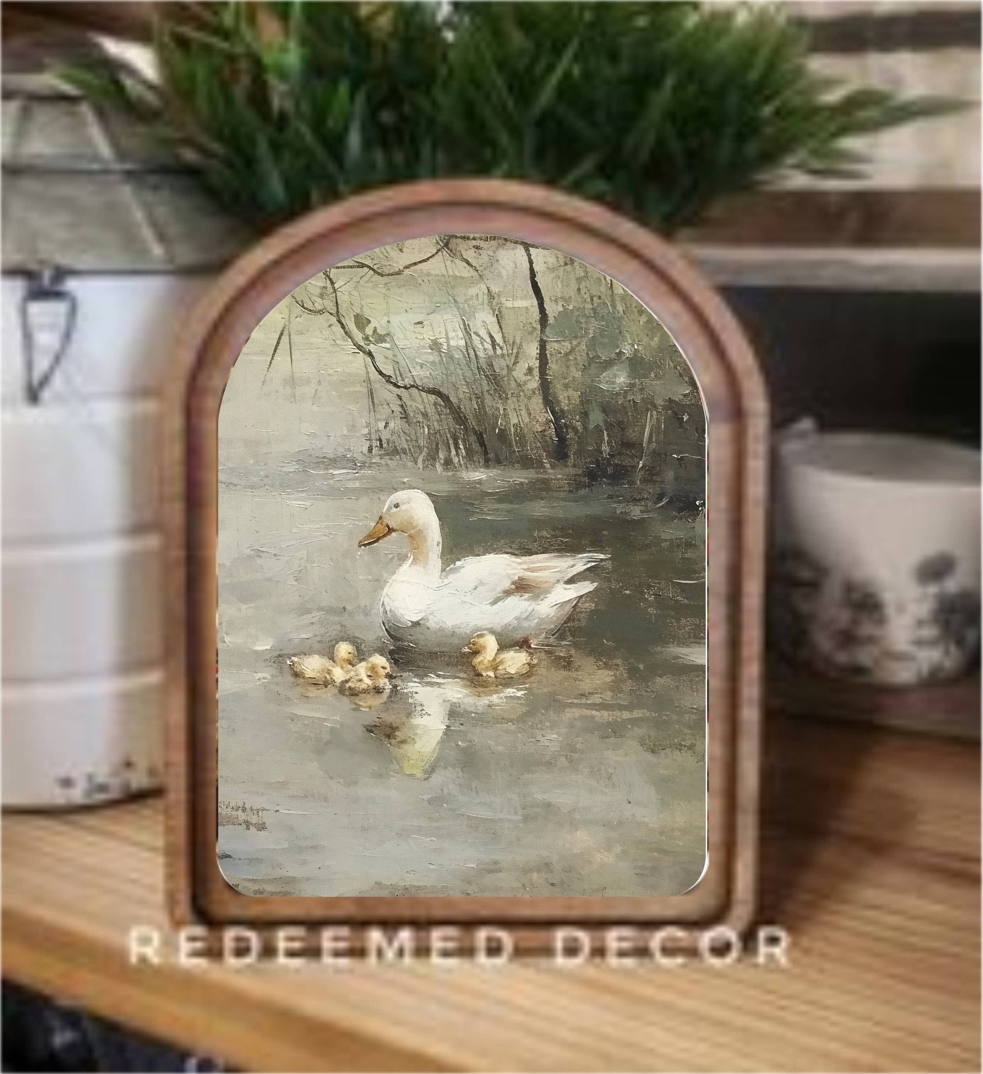 Arch Top Vintage Pond Ducks Framed Art