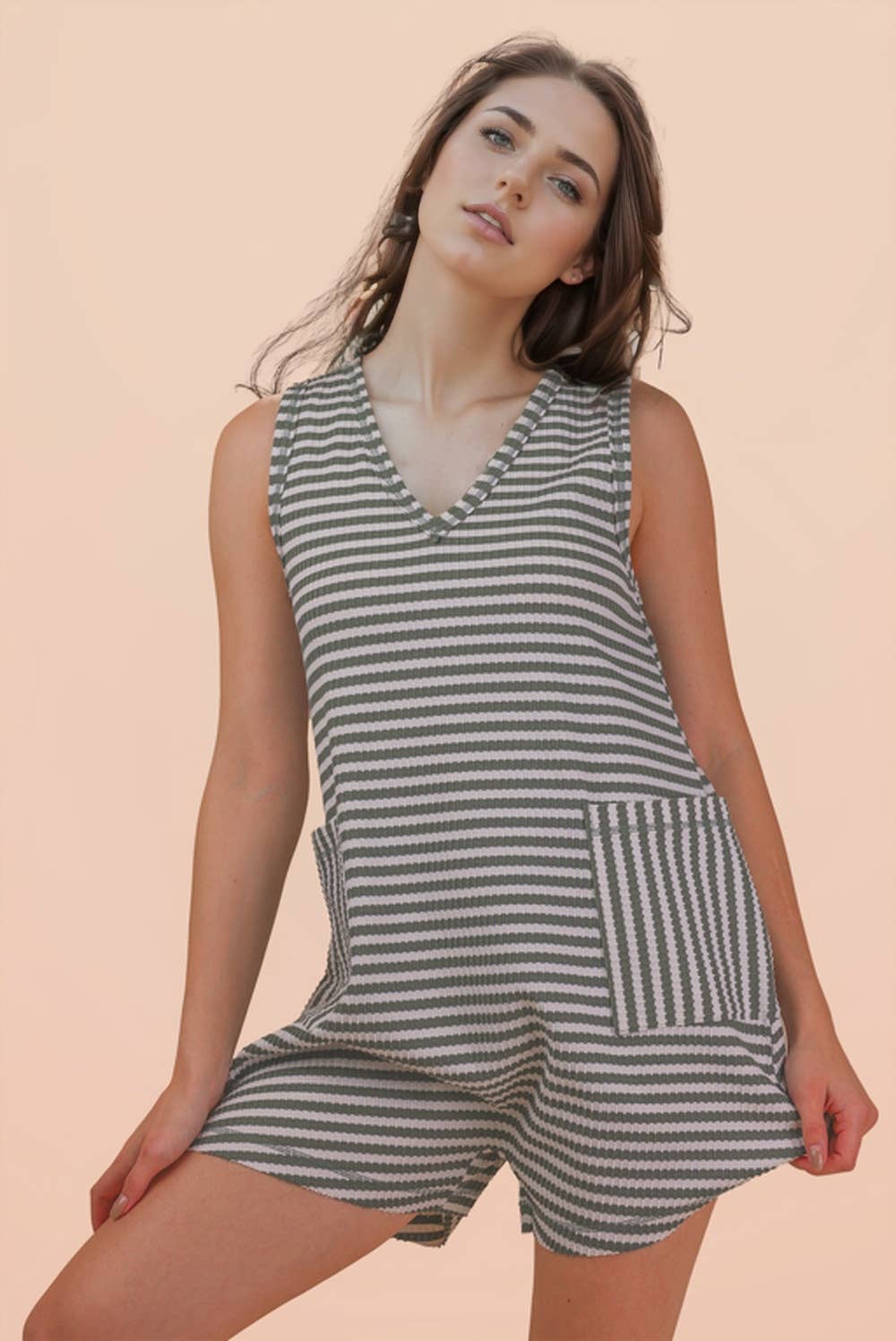 NP70744-Striped Knit Casual Comfy Romper