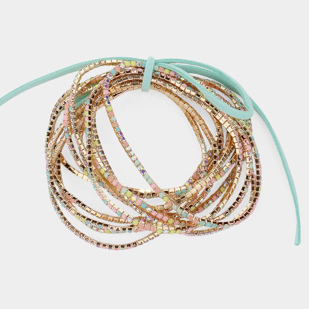 12PCS - Ribbon Colorful Rhinestone Layered Stretch Bracelets