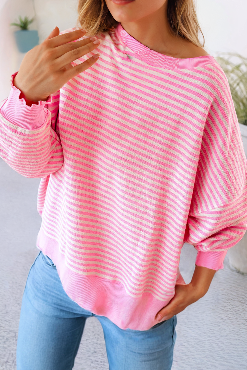 LDC Stripe Long Sleeve Drop Shoulder Top