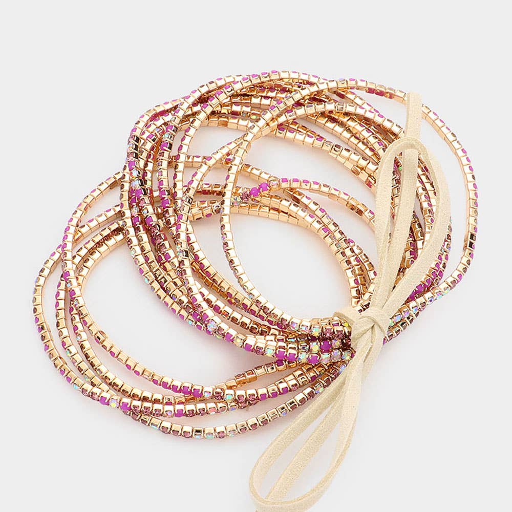 12PCS - Ribbon Colorful Rhinestone Layered Stretch Bracelets