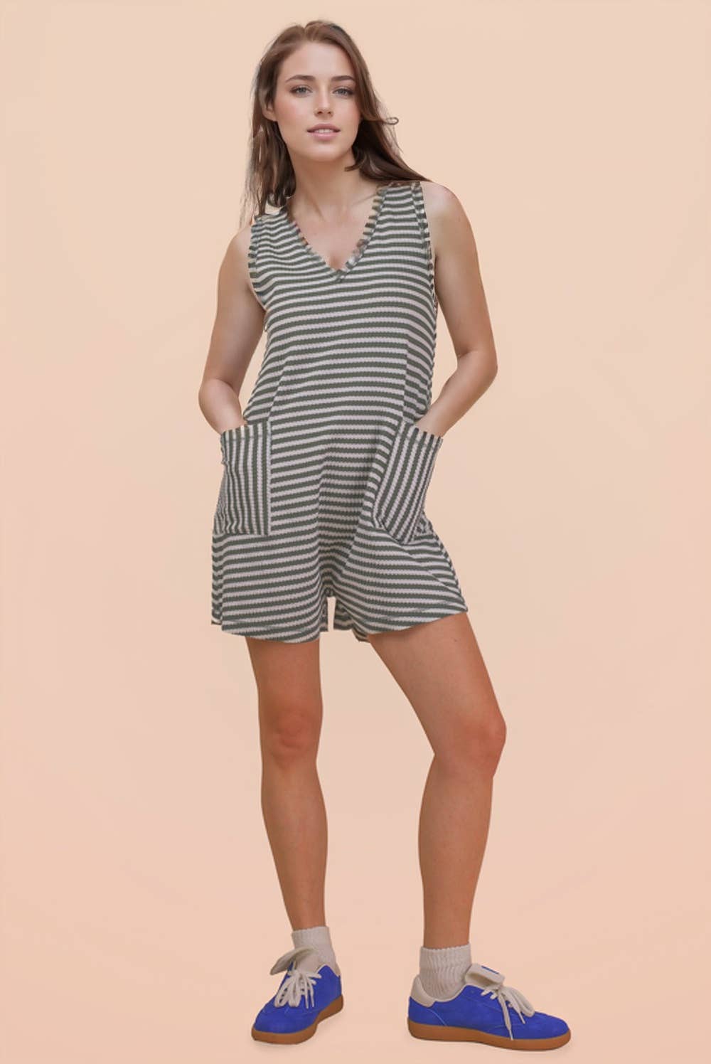 NP70744-Striped Knit Casual Comfy Romper