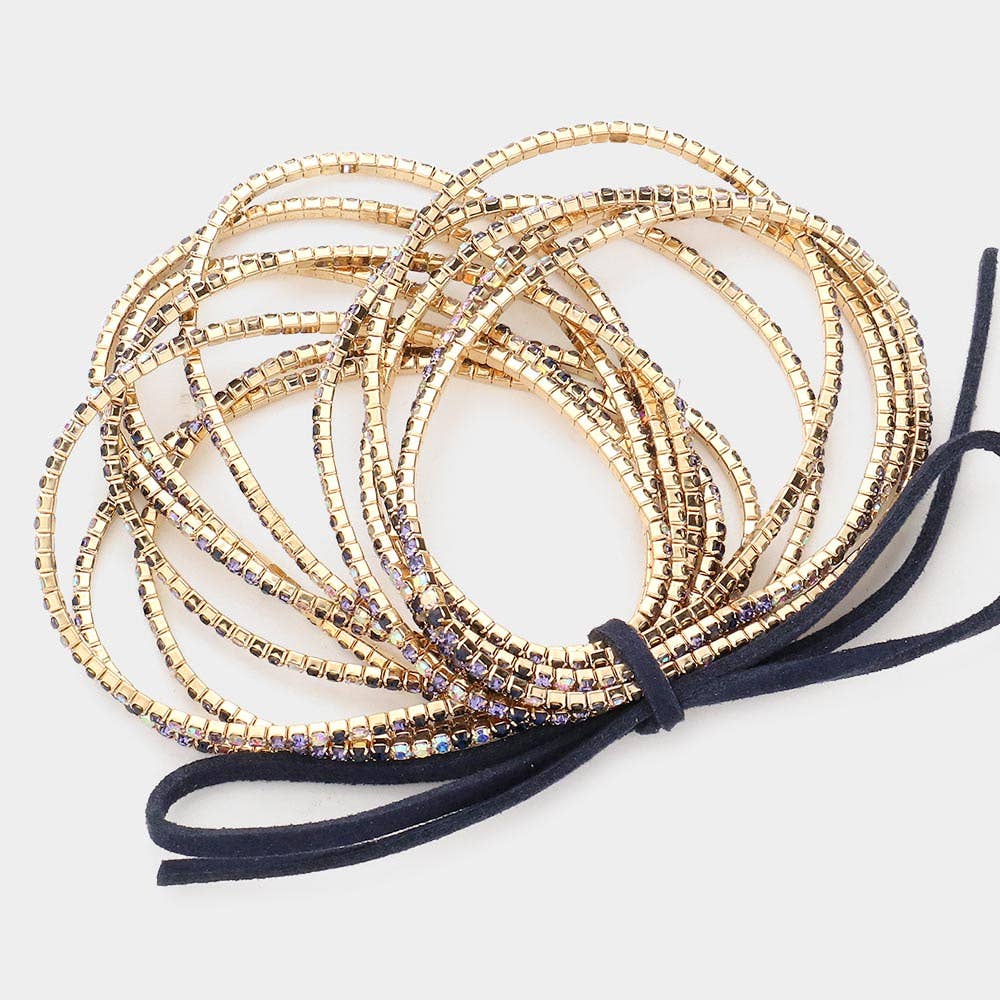 12PCS - Ribbon Colorful Rhinestone Layered Stretch Bracelets