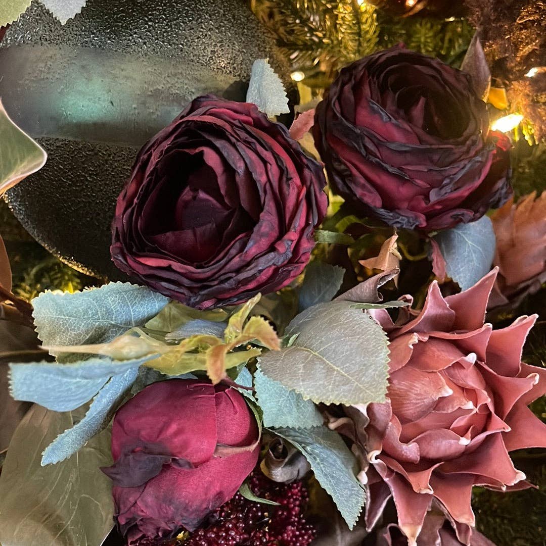 Vintage Garden Rose Spray x 3 25" - Dark Red