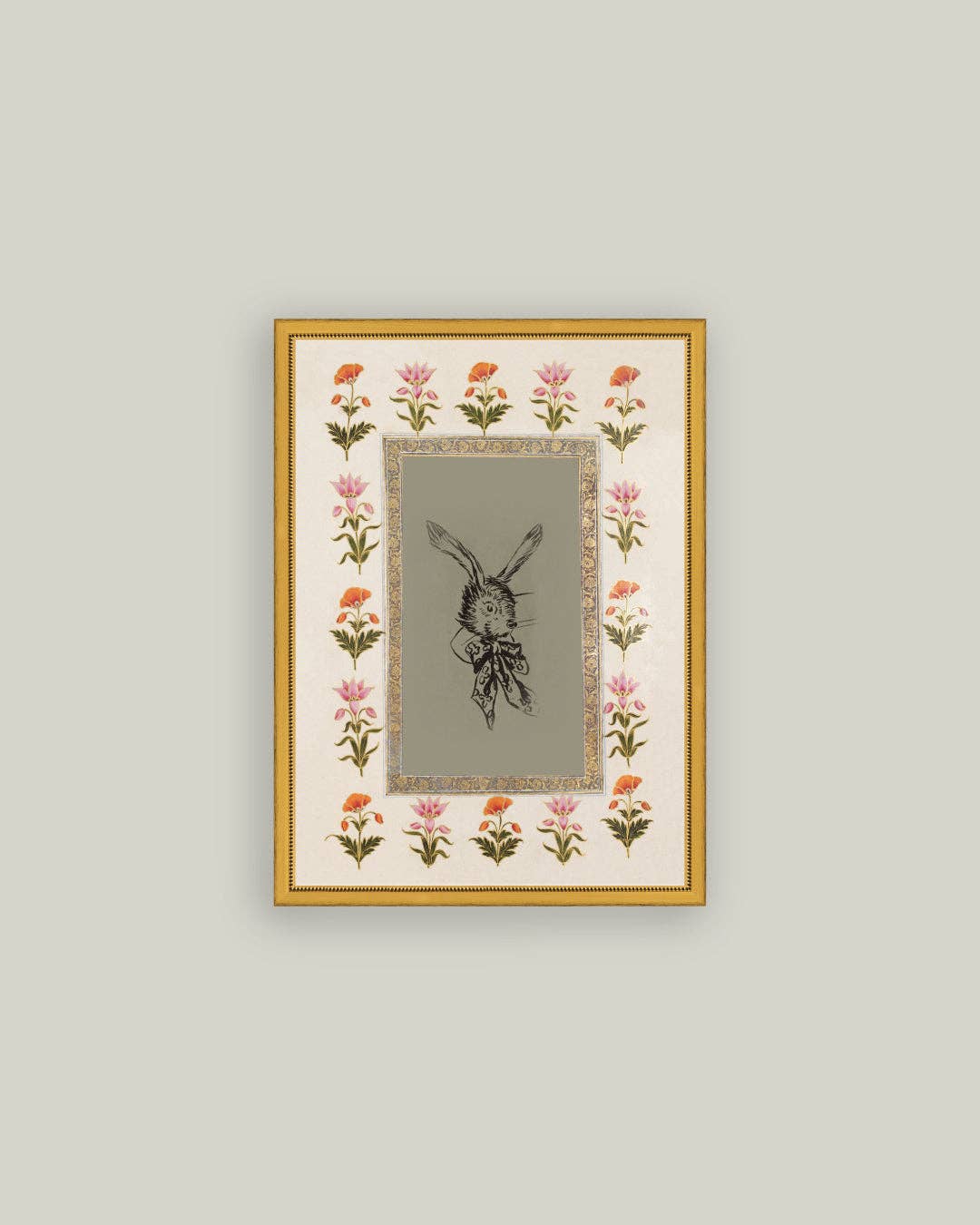 Rabbit with Floral Border Framed Antique Art
