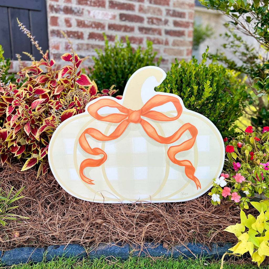 Khaki Gingham Pumpkin with Orange Bow