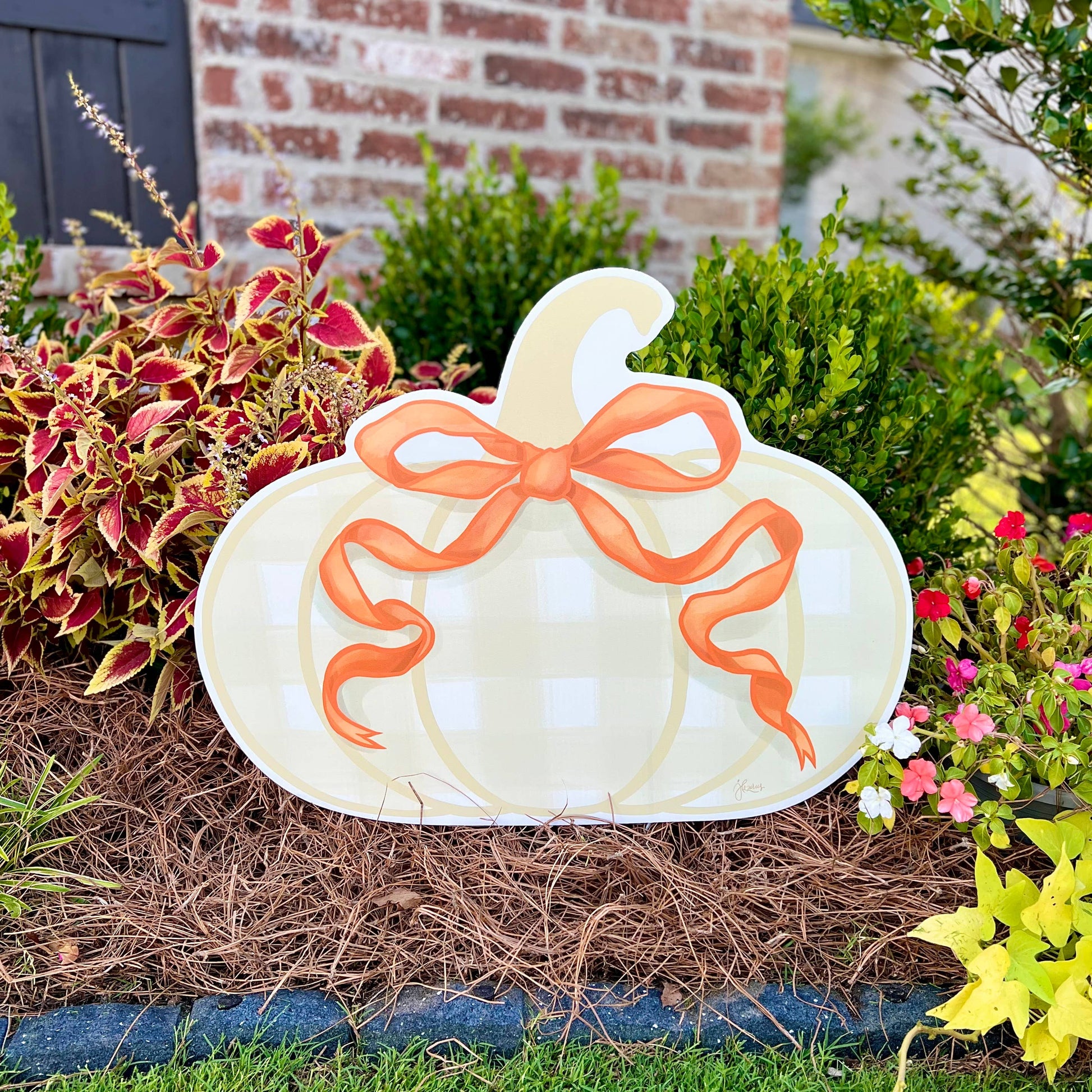 Khaki Gingham Pumpkin with Orange Bow