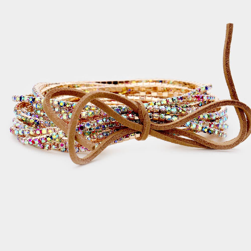 12PCS - Ribbon Colorful Rhinestone Layered Stretch Bracelets