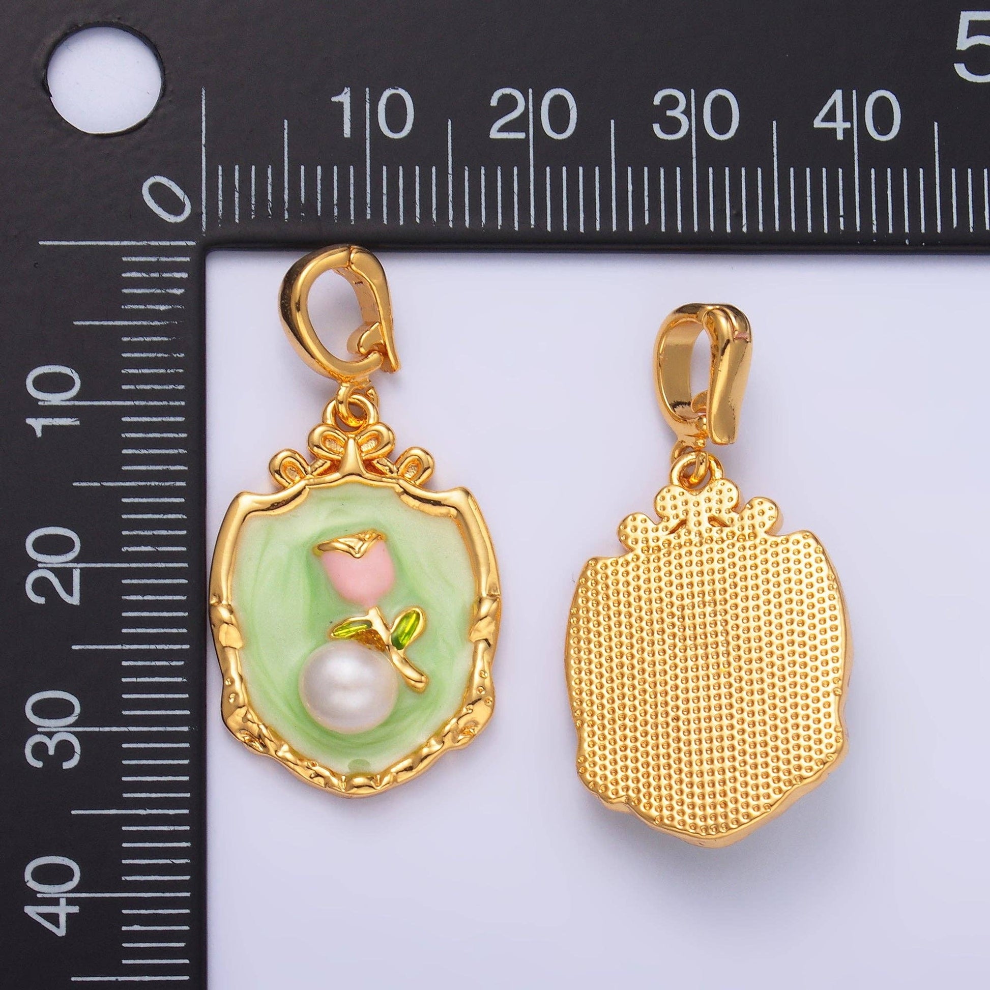 24K Gold Filled Green Pink Rose Flower With Pearl Snap Bail Pendant | AA1462