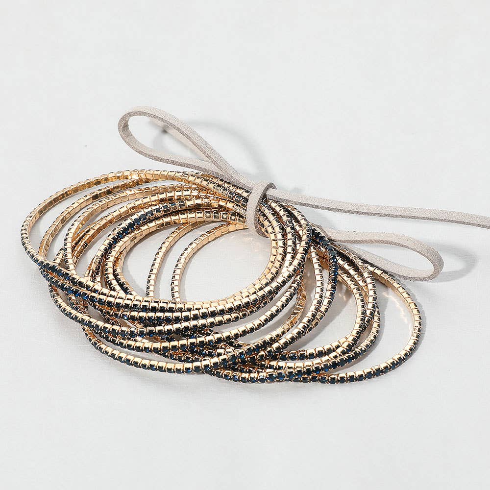 12PCS - Ribbon Colorful Rhinestone Layered Stretch Bracelets