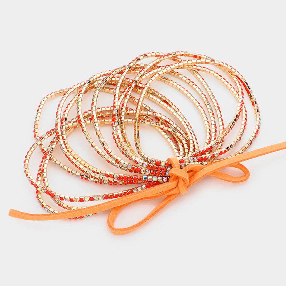12PCS - Ribbon Colorful Rhinestone Layered Stretch Bracelets