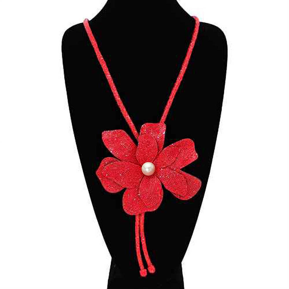 Pearl Centered Bling Studded Flower Pointed Bolo Tie Necklace