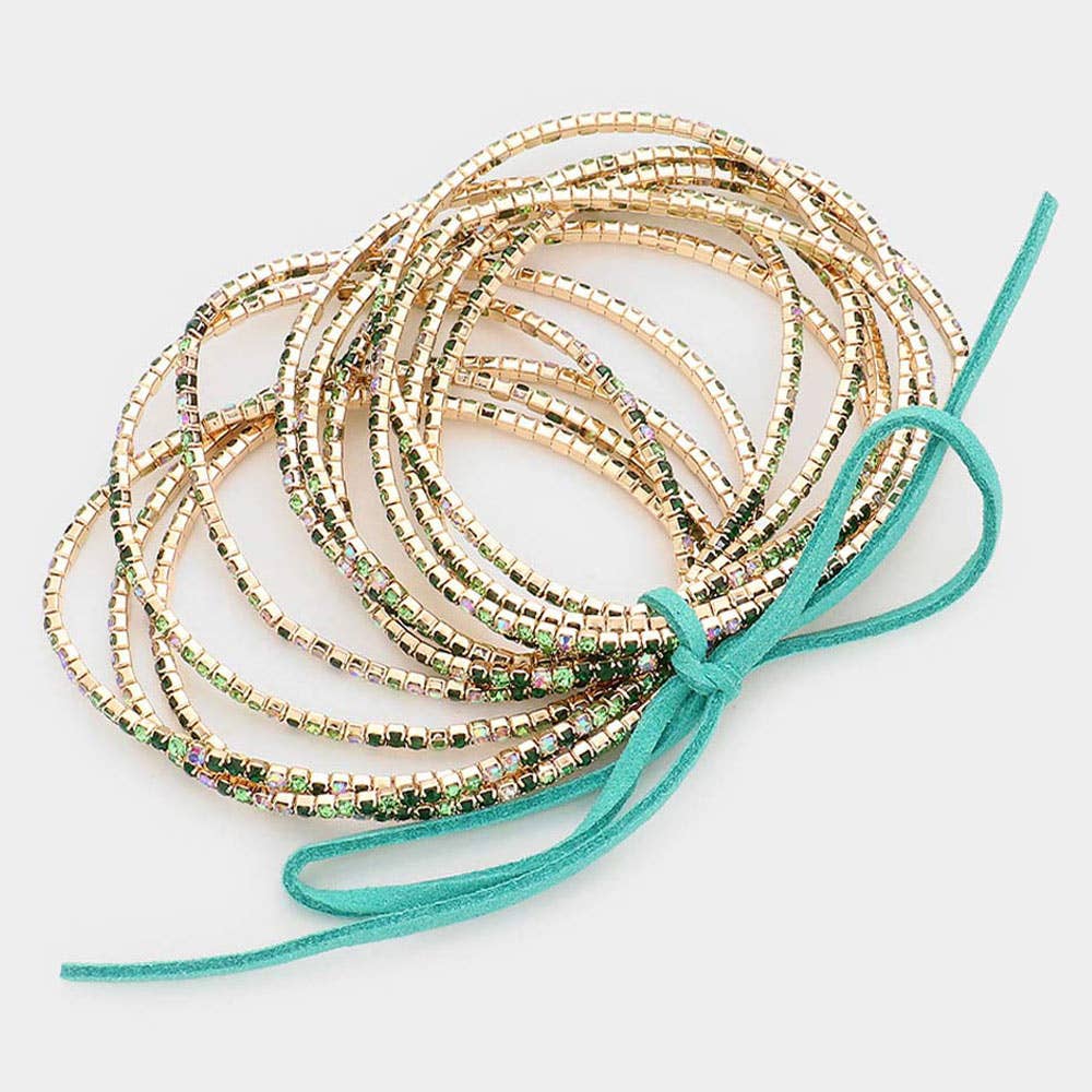 12PCS - Ribbon Colorful Rhinestone Layered Stretch Bracelets