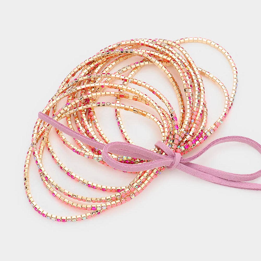 12PCS - Ribbon Colorful Rhinestone Layered Stretch Bracelets