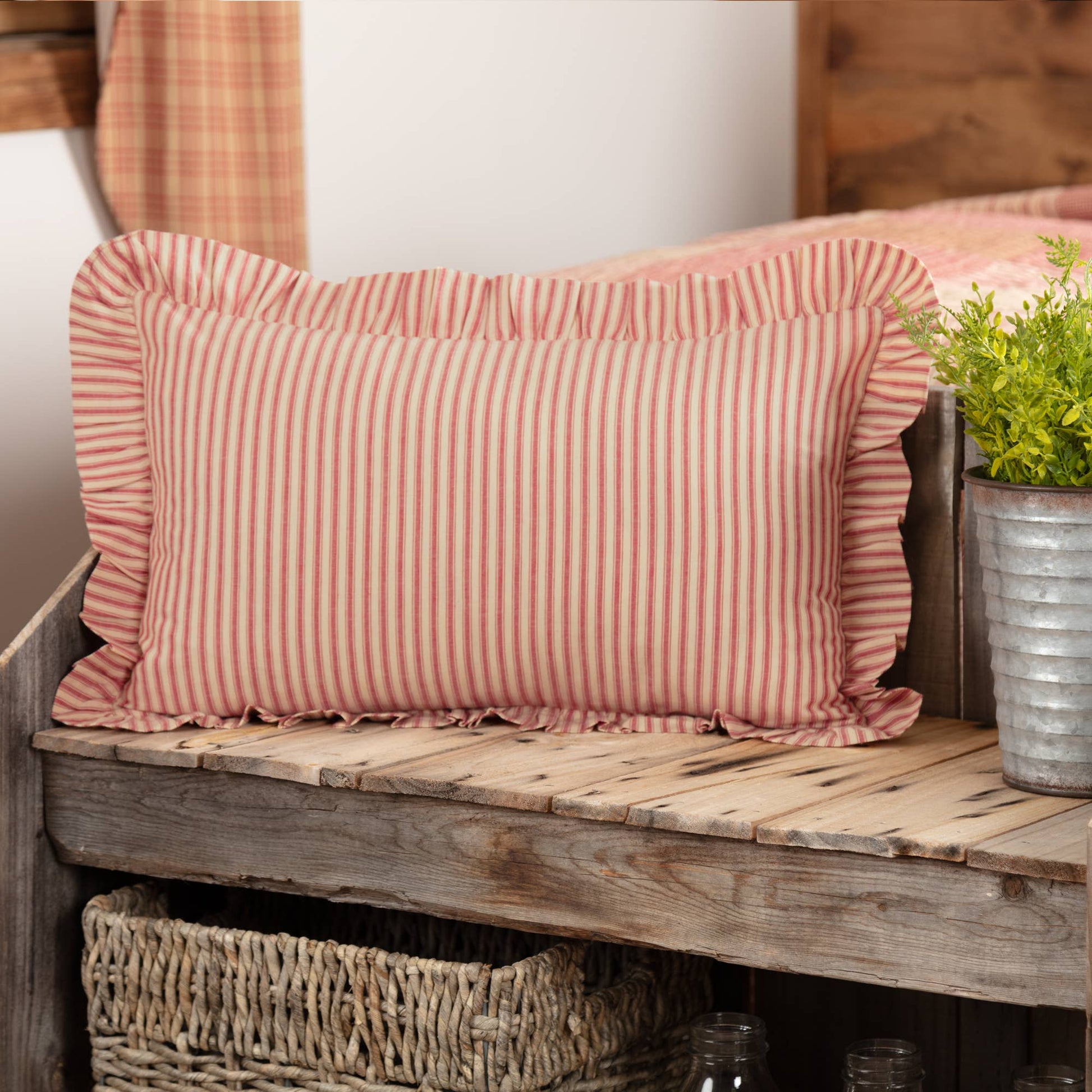 Red Ticking Stripe Fabric Pillow