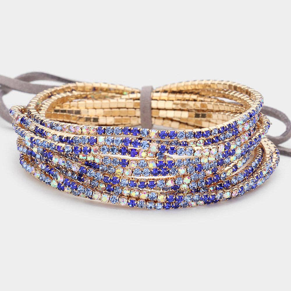 12PCS - Ribbon Colorful Rhinestone Layered Stretch Bracelets