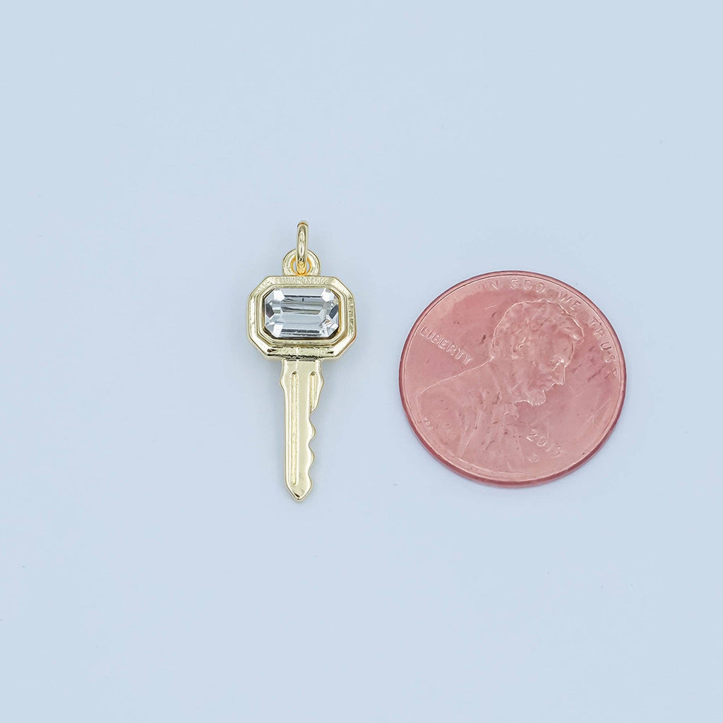 24K Gold Filled Clear CZ Baguette Vintage Key Charm | N031