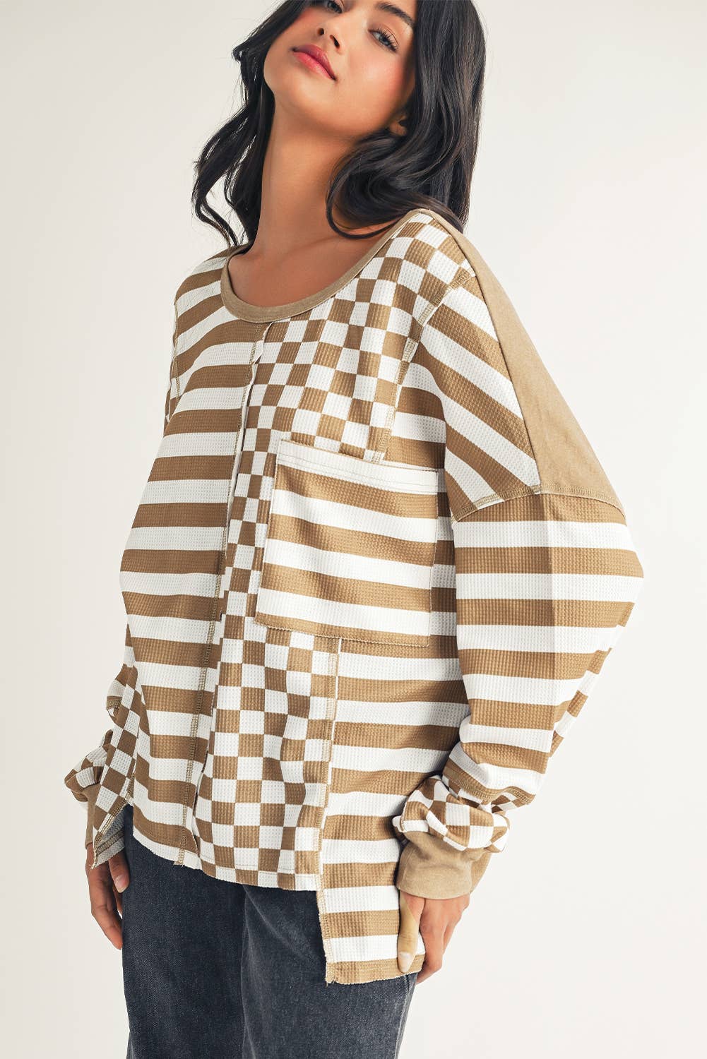 LDC Checkerboard Striped Patchwork Lantern Sleeve Blouse