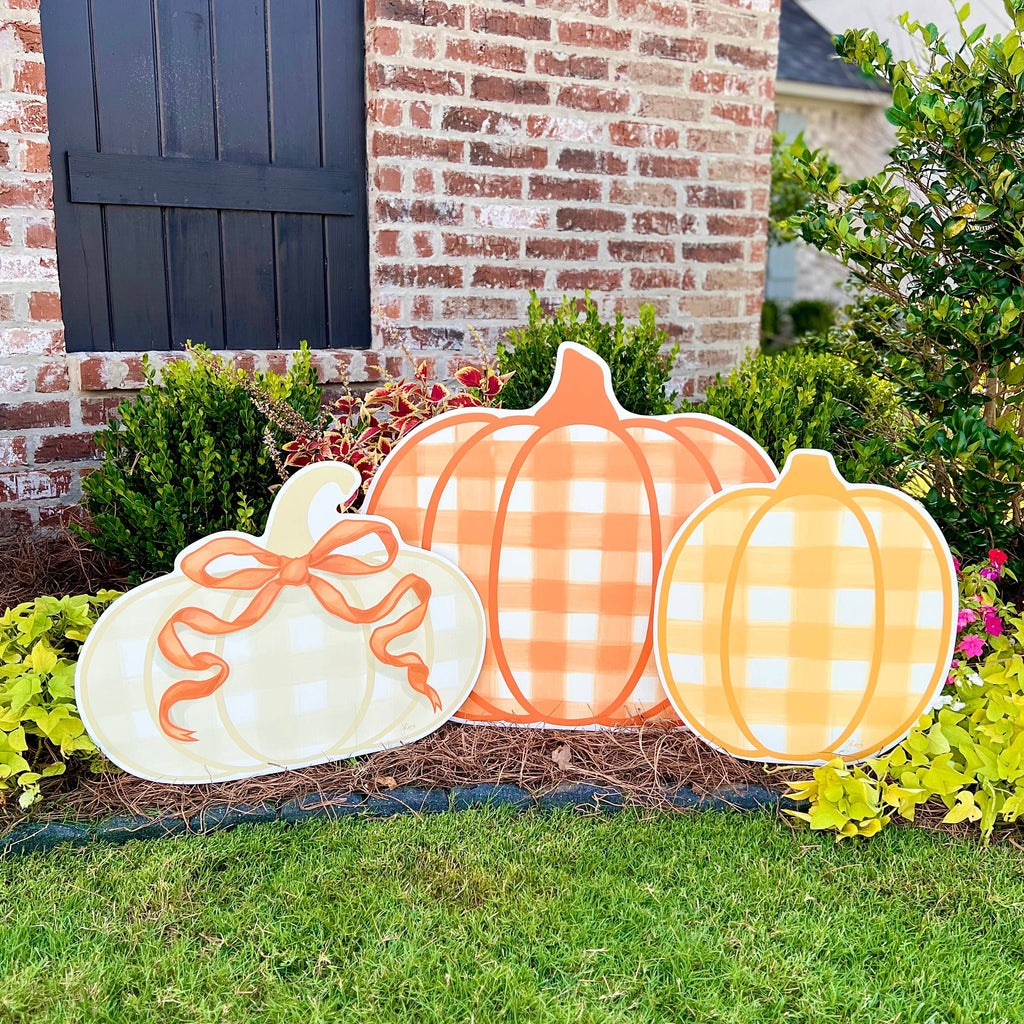 Khaki Gingham Pumpkin with Orange Bow