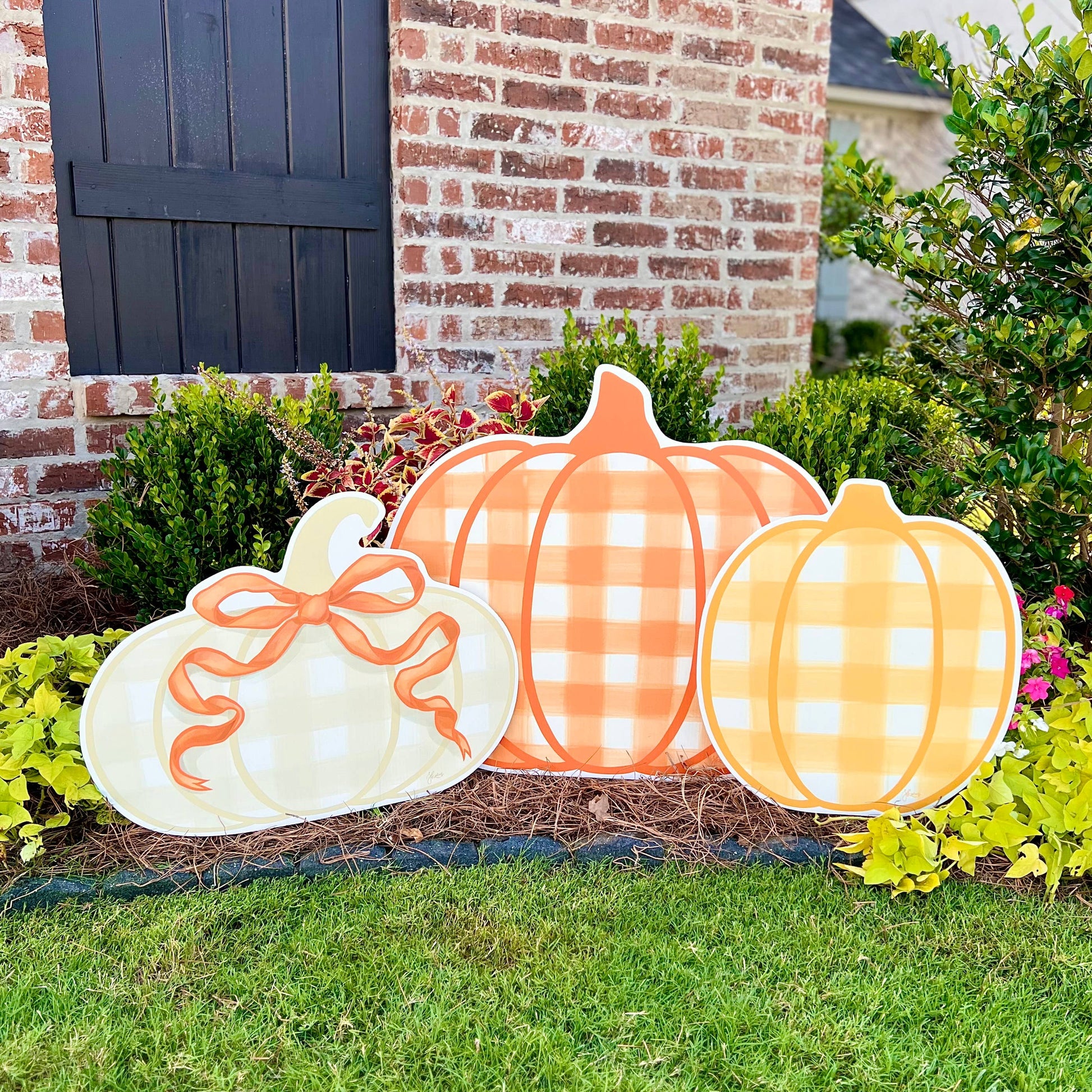 Khaki Gingham Pumpkin with Orange Bow