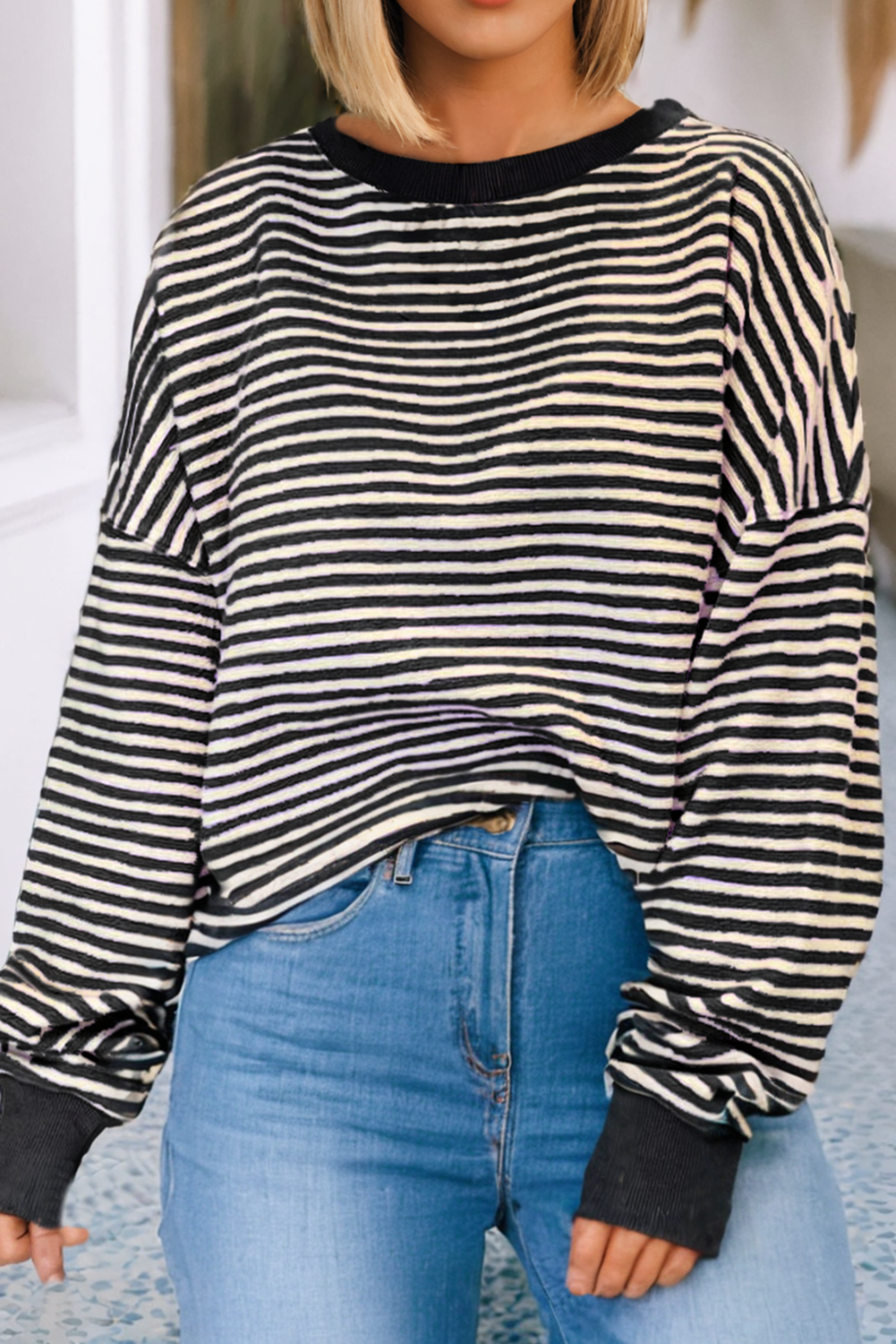 LDC Stripe Long Sleeve Drop Shoulder Top