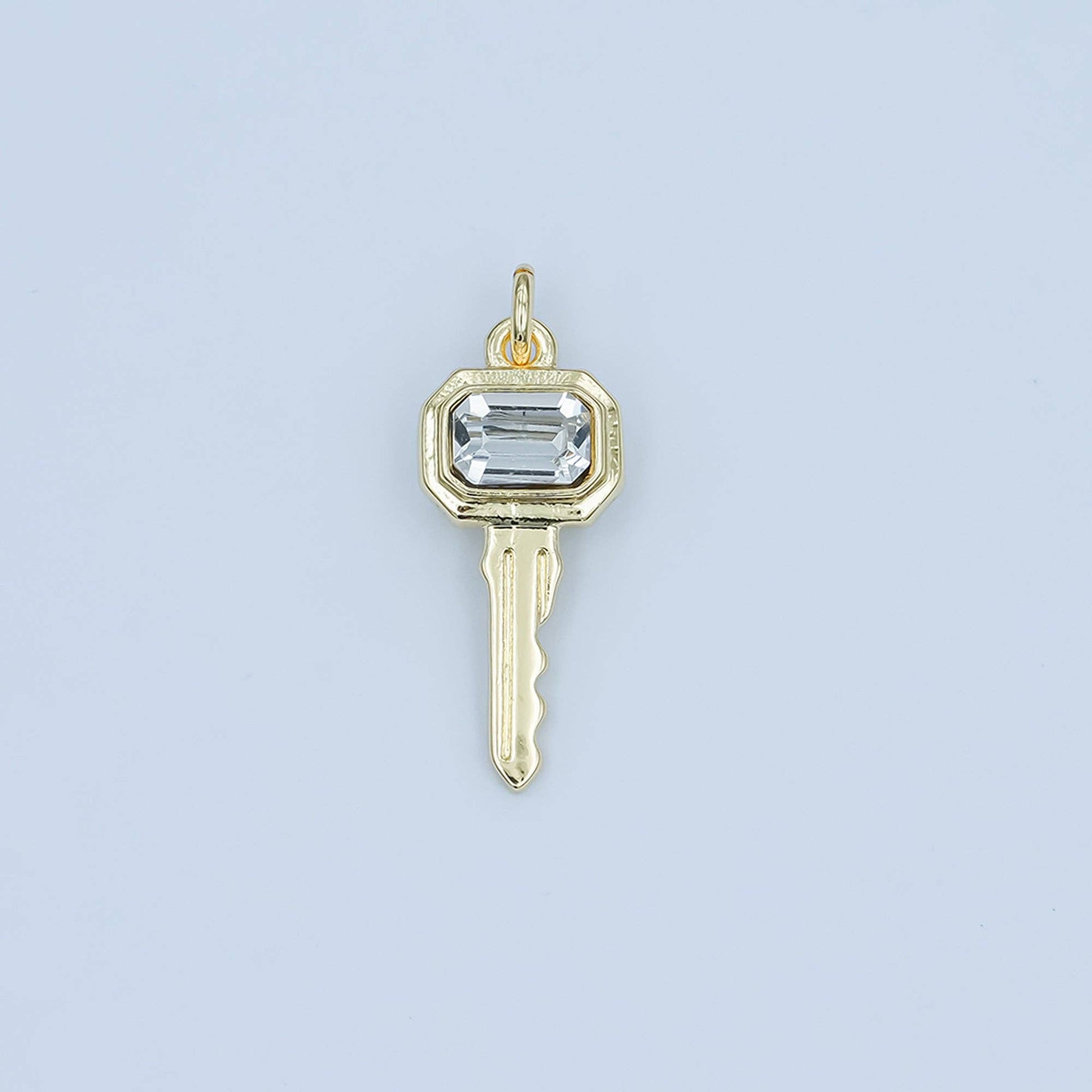 24K Gold Filled Clear CZ Baguette Vintage Key Charm | N031