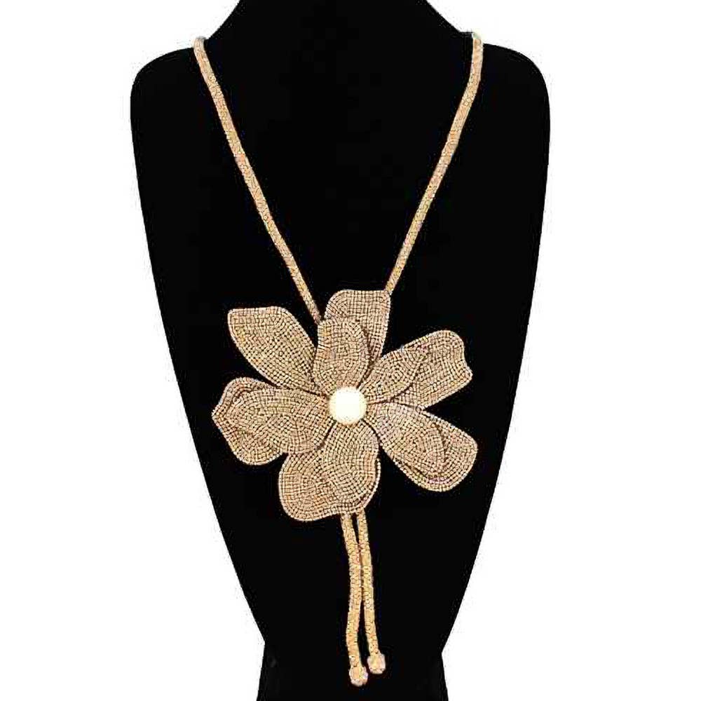 Pearl Centered Bling Studded Flower Pointed Bolo Tie Necklace