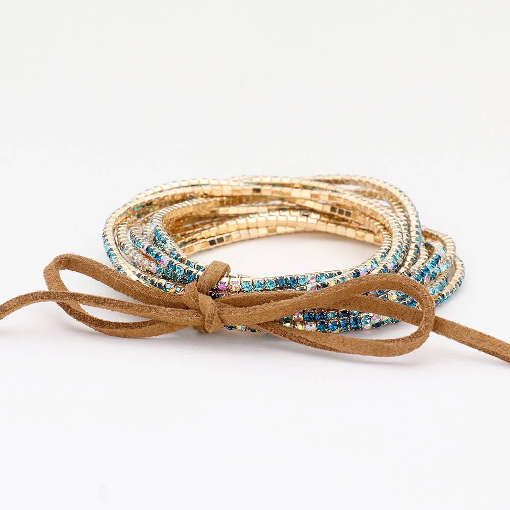 12PCS - Ribbon Colorful Rhinestone Layered Stretch Bracelets