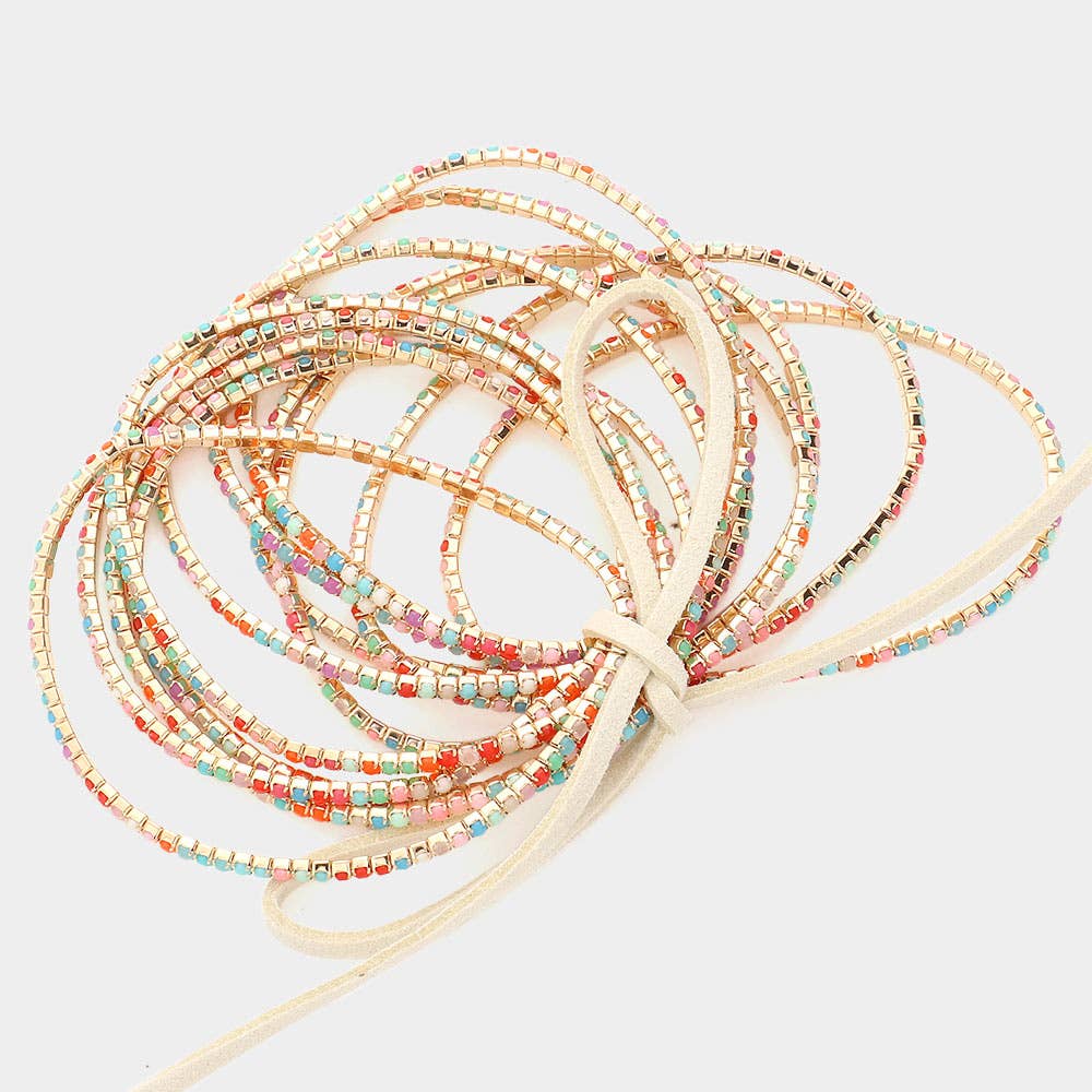 12PCS - Ribbon Colorful Rhinestone Layered Stretch Bracelets