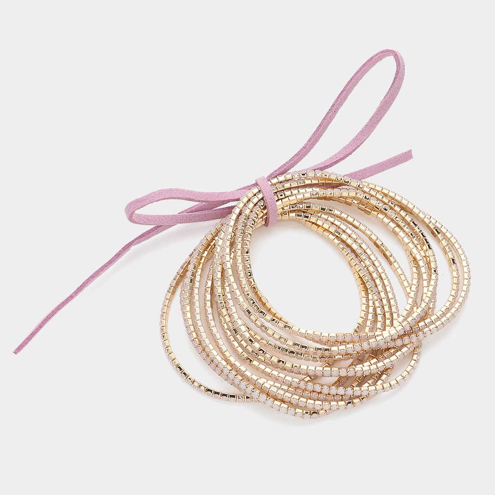 12PCS - Ribbon Colorful Rhinestone Layered Stretch Bracelets