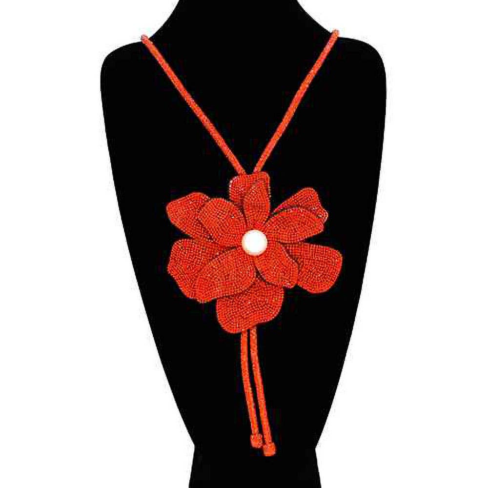 Pearl Centered Bling Studded Flower Pointed Bolo Tie Necklace