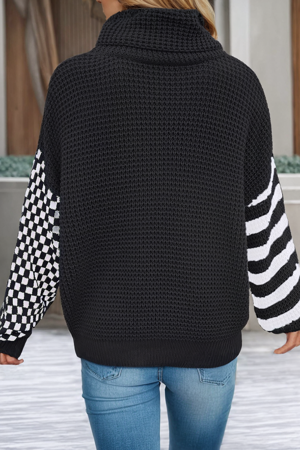 LDC Striped Plaid Patchwork Waffle Knit Turtleneck Sweater