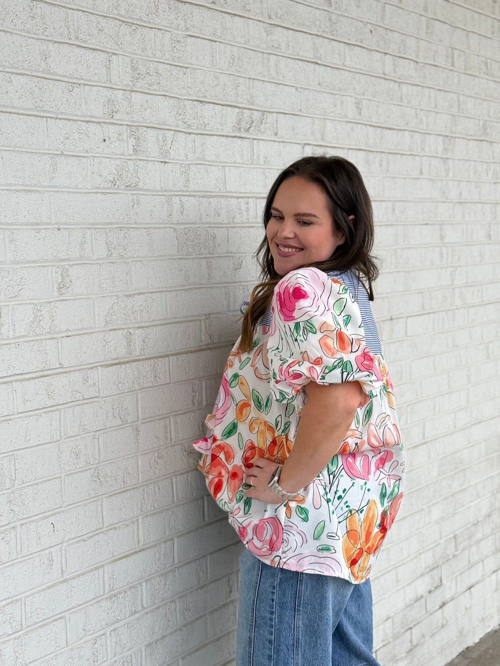 Floral Stripe Puff Sleeve Blouse