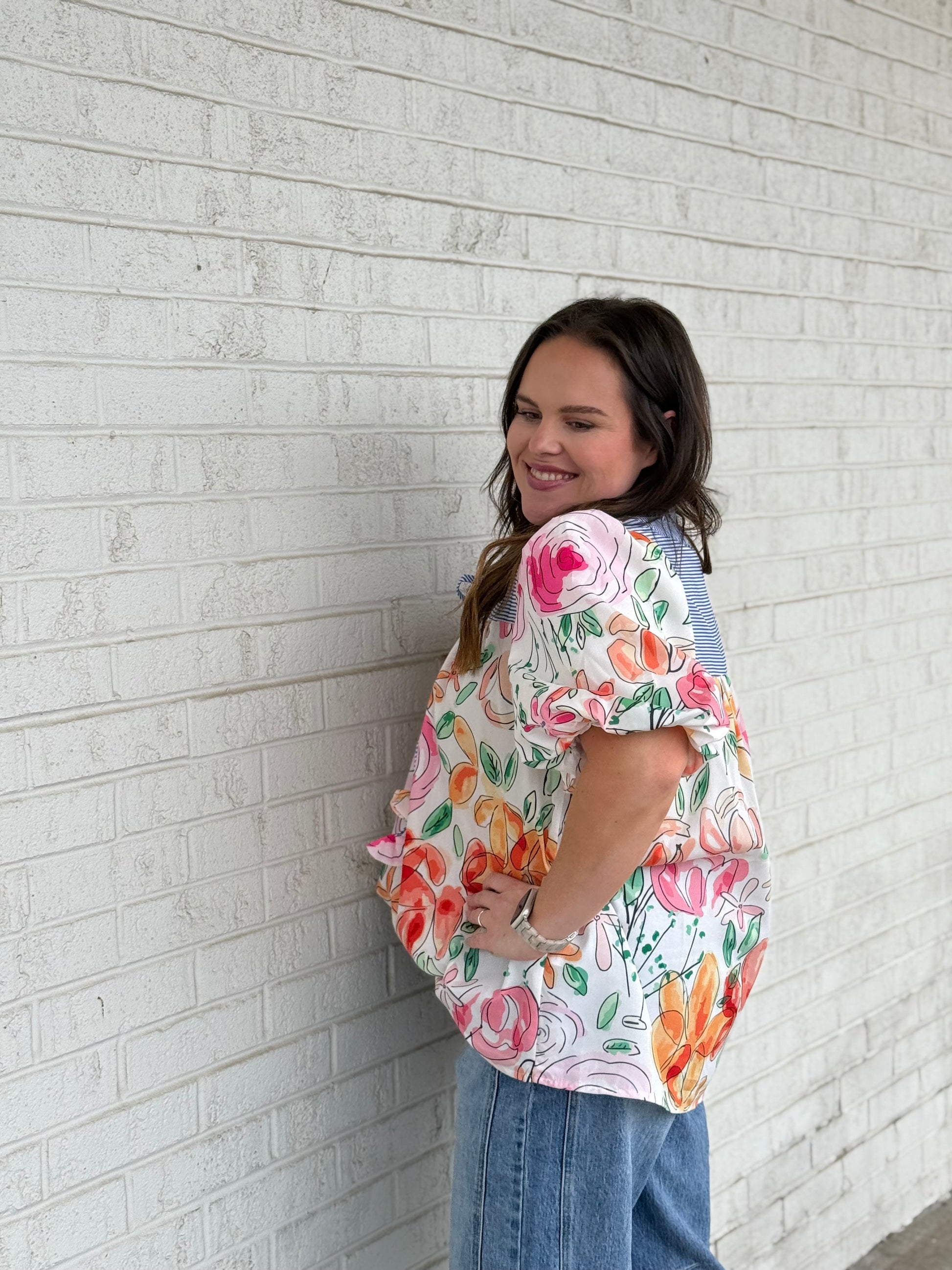 Floral Stripe Puff Sleeve Blouse