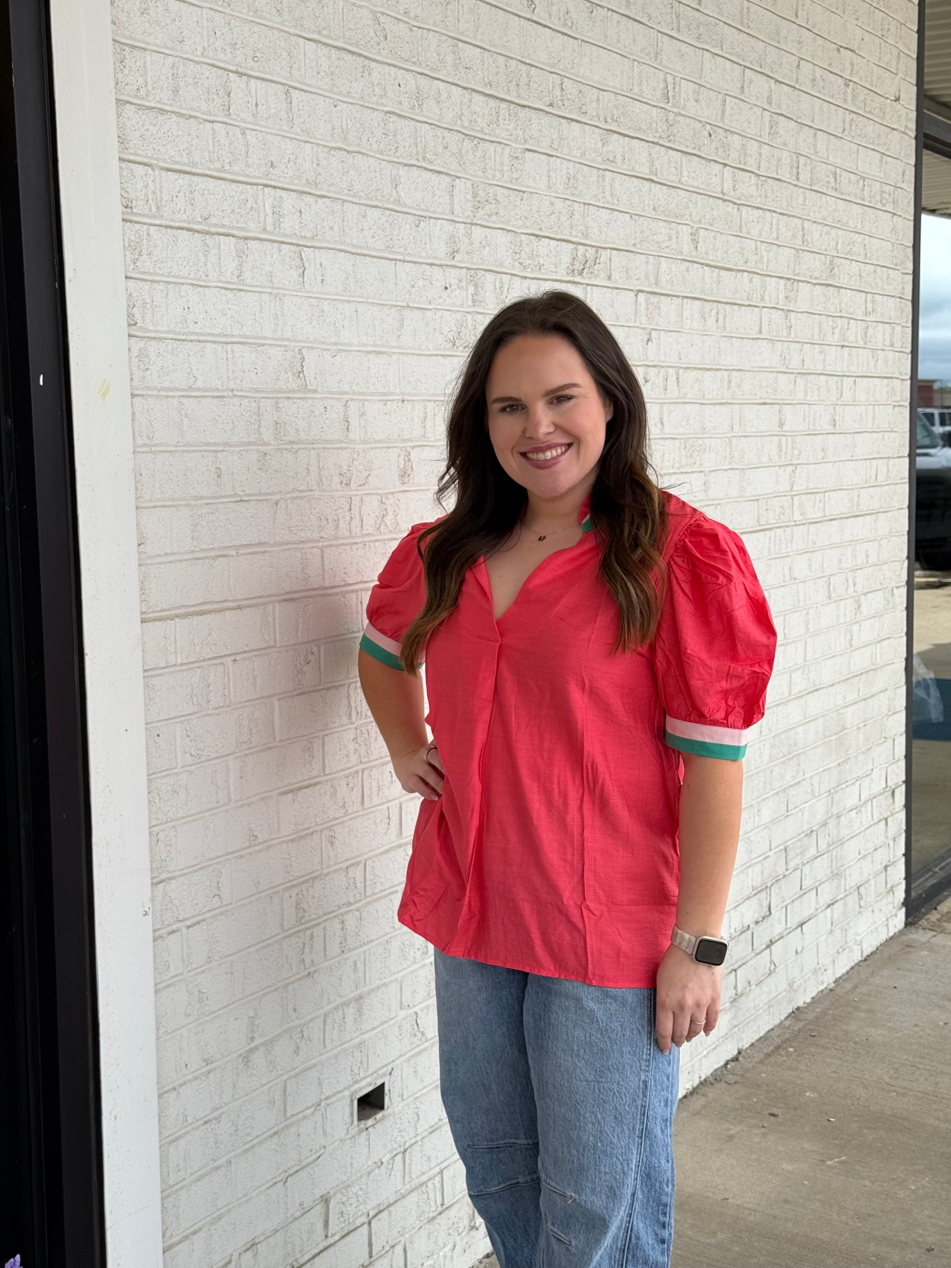 Colorblock Trim Short Sleeve Blouse