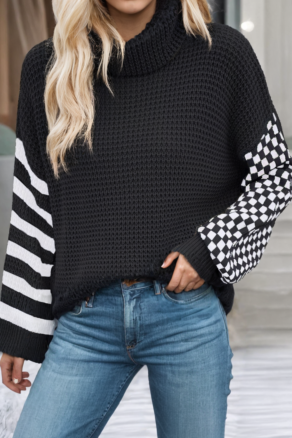 LDC Striped Plaid Patchwork Waffle Knit Turtleneck Sweater